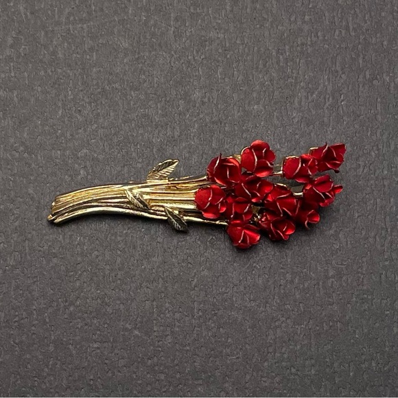 Vintage David Monn Brooch Dozen Red Roses Bouquet Signed - Picture 1 of 8